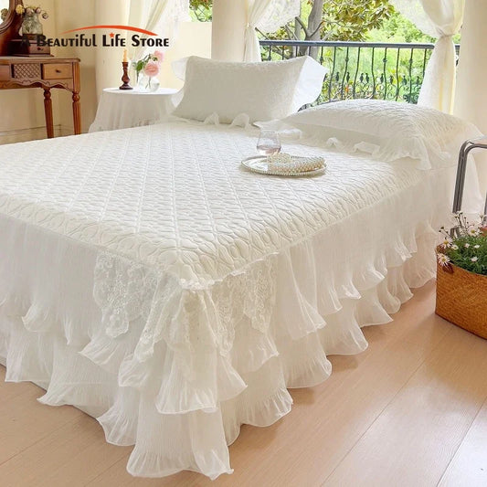 Summer Lace Ruffles Quilted Cooling Bed Skirt, Cool Feeling Fibre Mattress Cover, Bedspread, Bed Sheet, With Pillowcases, 3Pcs