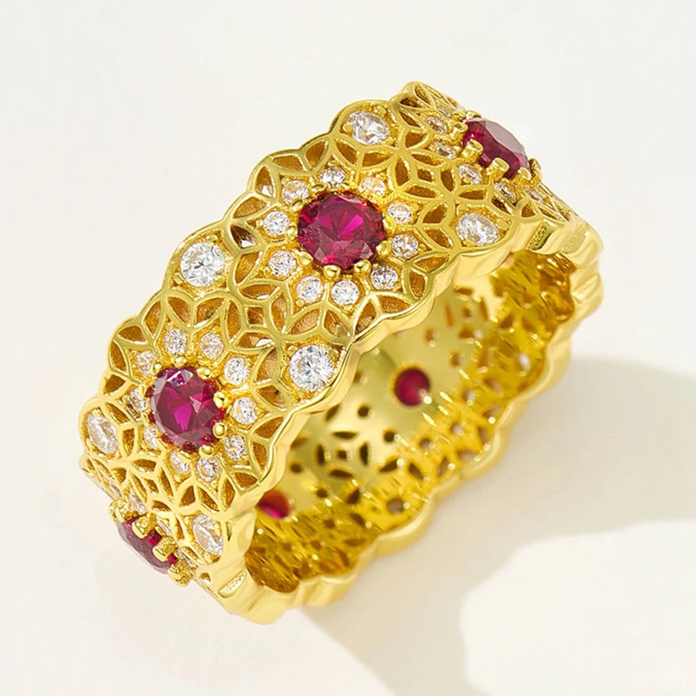 Wong Rain Vintage 925 Sterling Silver Round Cut Ruby High Carbon Diamond Gem Row Ring for Women Fine Jewelry Anniversary Gifts