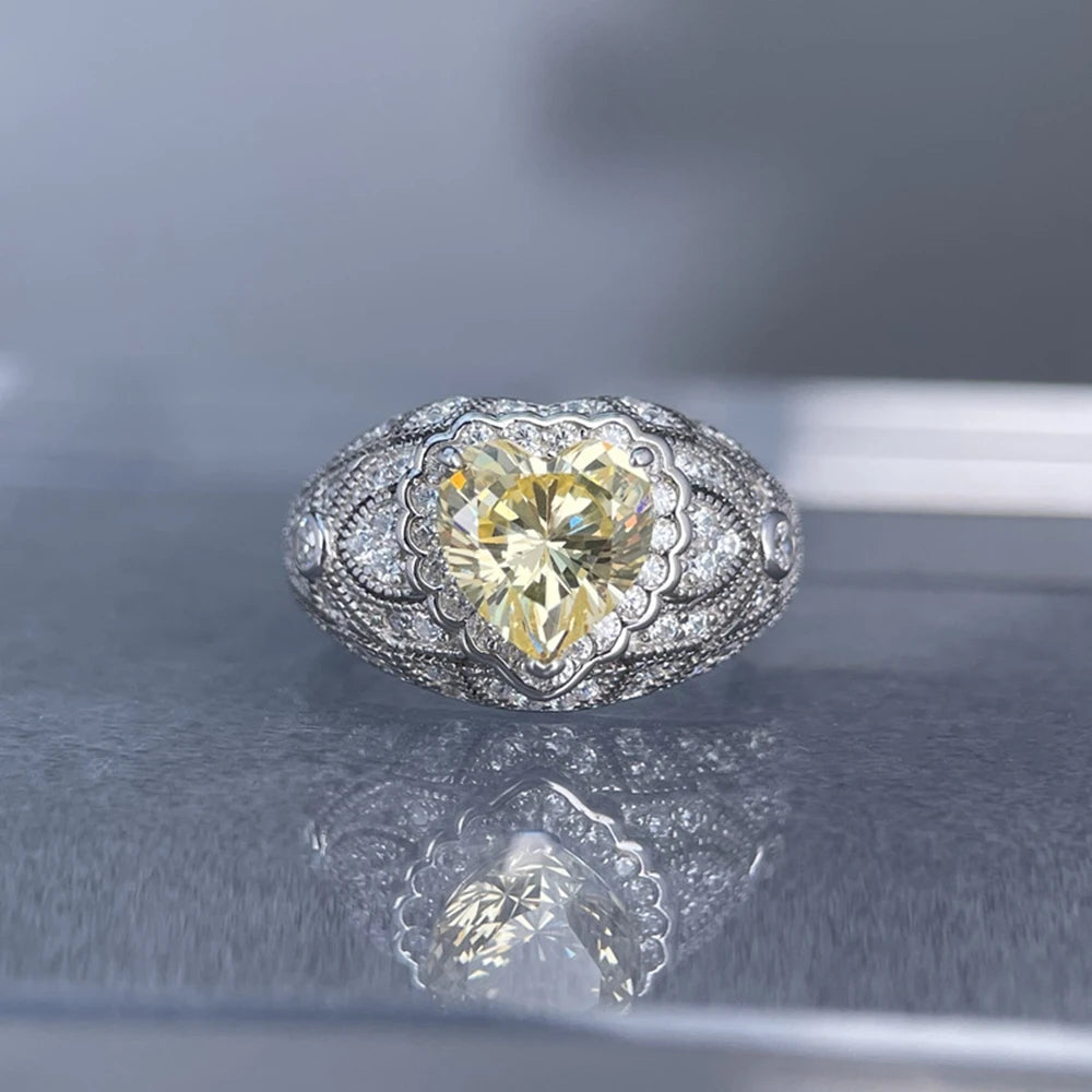 Wong Rain 925 Sterling Silver Heart Cut 8 MM Citrine Sapphire High Carbon Diamond Ring for Women Fine Jewelry Anniversary Gifts