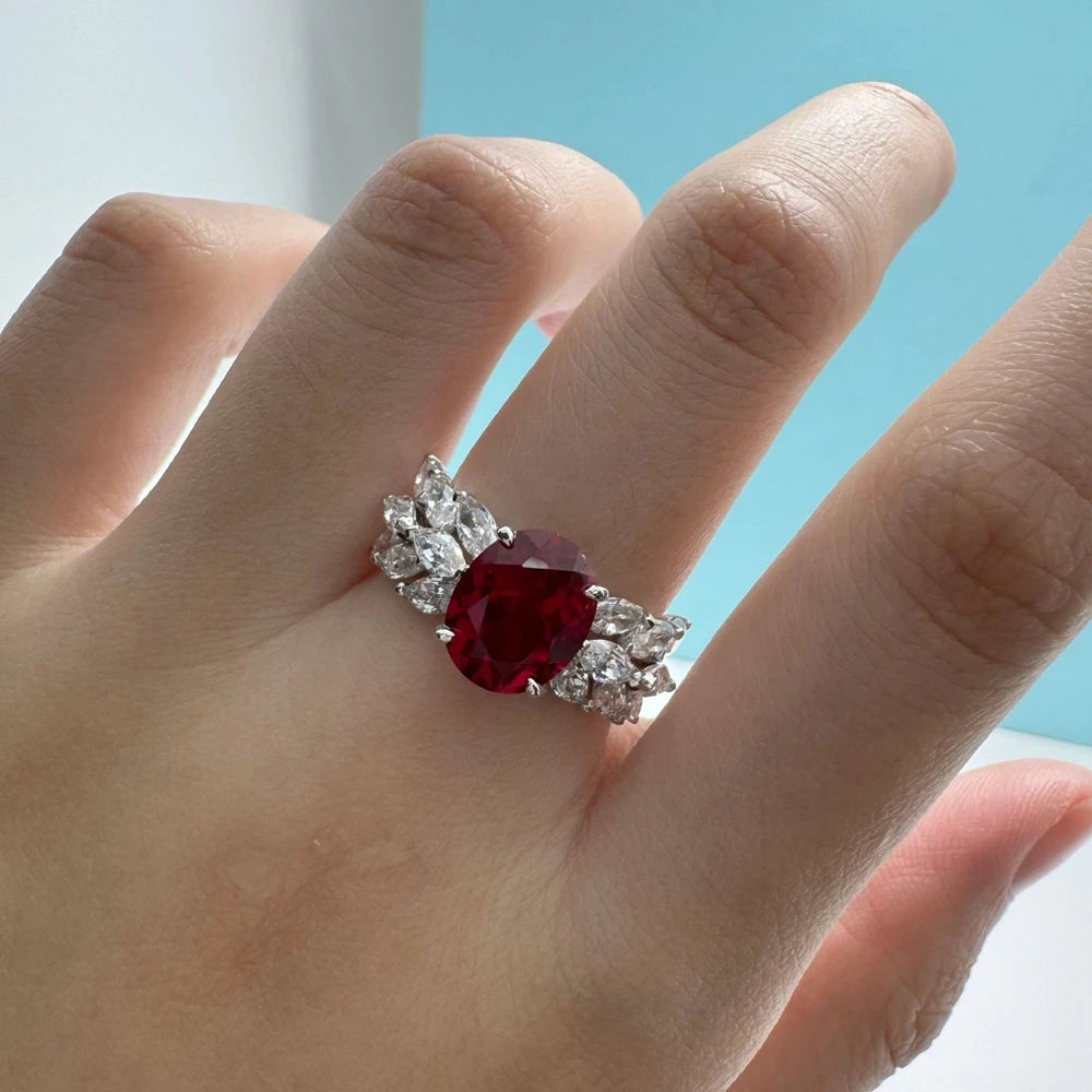 Wong Rain 925 Sterling Silver Oval Cut 3 CT Ruby High Carbon Diamond Gemstone Cocktail Party Ring for Women Fine Jewelry Gifts