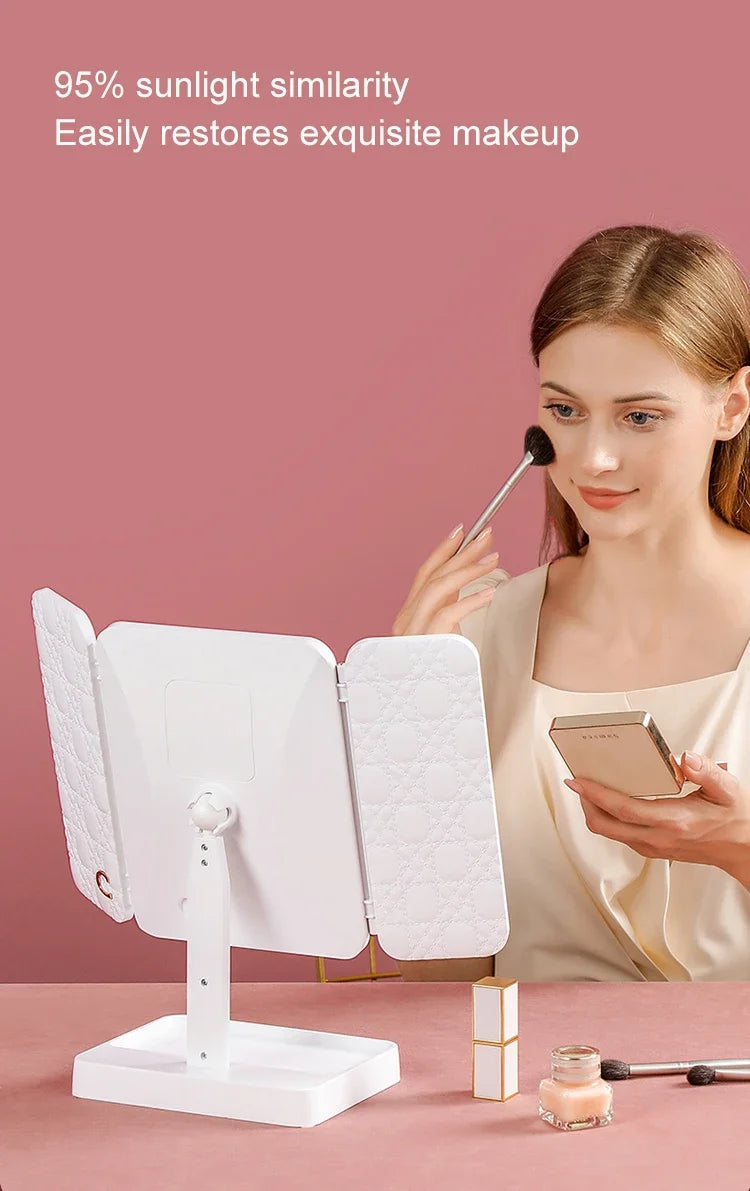 Tri-Fold Makeup Mirror with Led Light, Rotable Cute Desk Vanity Mirror 3 Tone with 2X/3X Magnifying Gift for Mom Wife Girlfriend