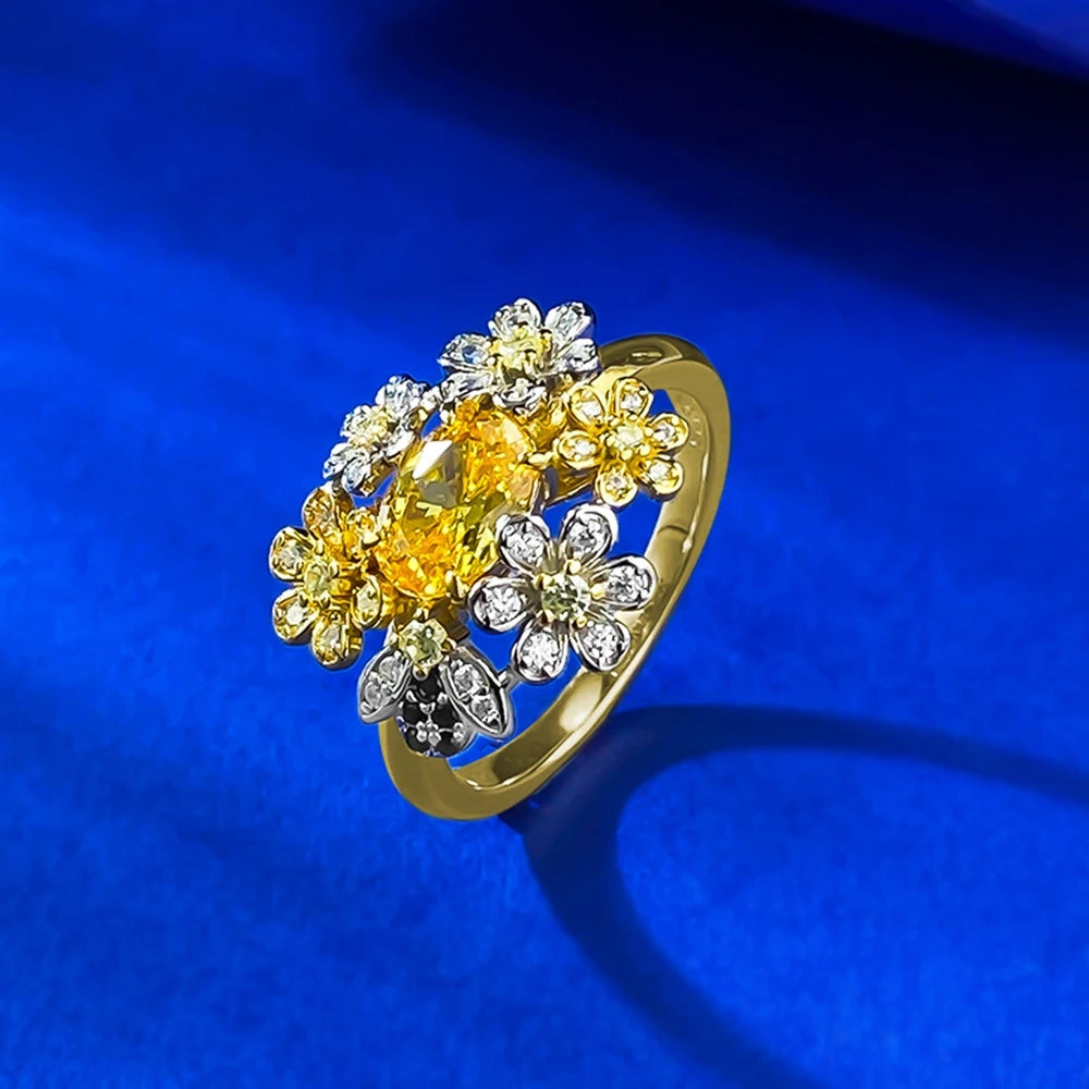 Wong Rain 925 Sterling Silver Oval Cut Citrine High Carbon Diamond Gems Flower Ring for Women Fine Jewelry Anniversary Gifts
