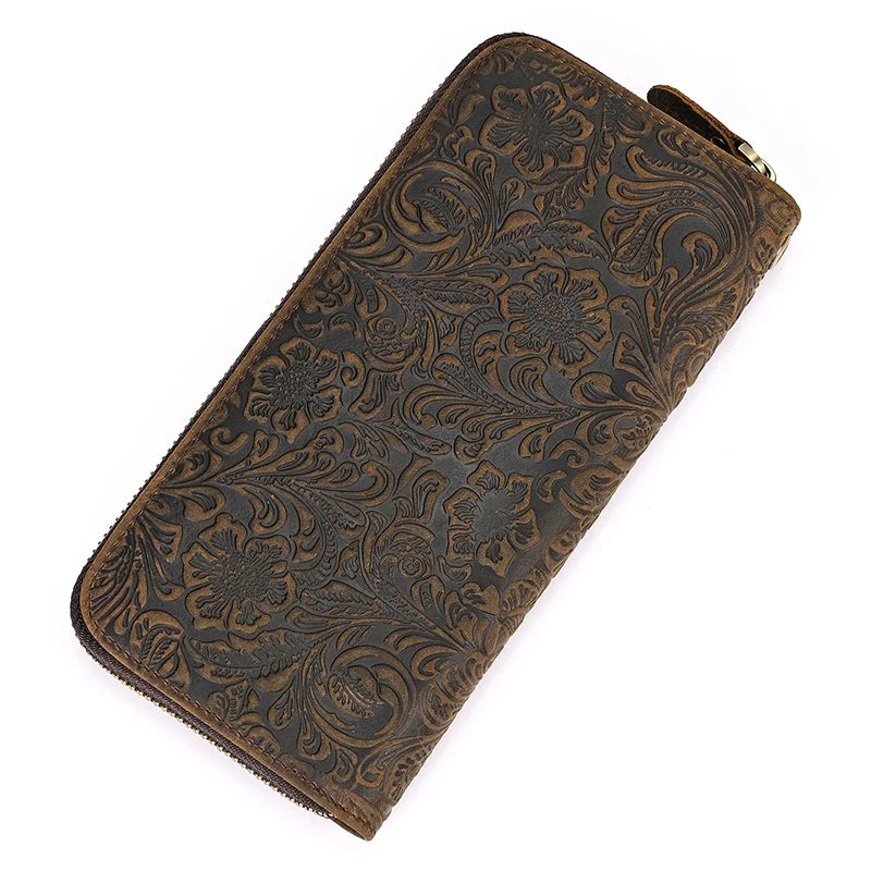 Men's crazy horse Leather long wallet Zip around genuine leather wallet Phone case purse with coin pocket 4 interlayer pocket