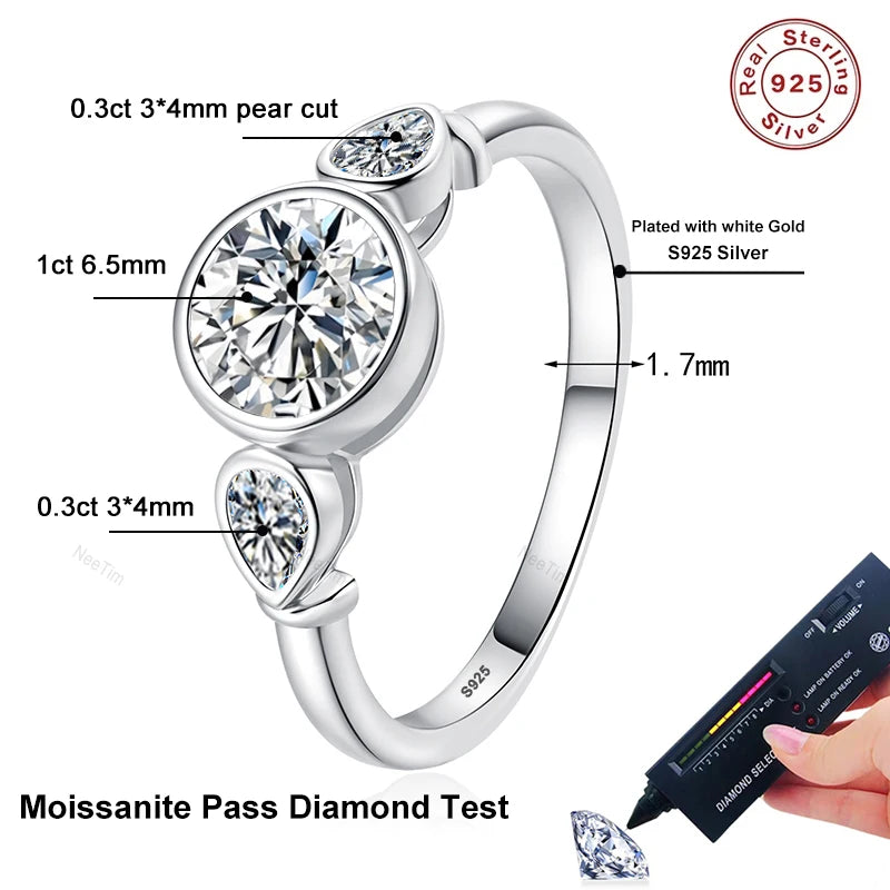 NeeTim Pear Round Cut Full Moissanite Ring for Women 925 Sterling Silver with White Gold Plated Lab Diamond Rings Wedding Band