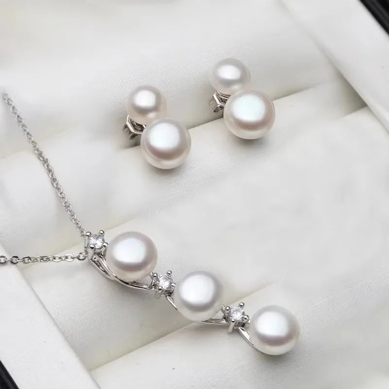 Wedding 925 Silver Natural Freshwater Pearl Necklace Earrings Set,Multi Color Pearl Jewelry Set Wife Mother Birthday Gift Black