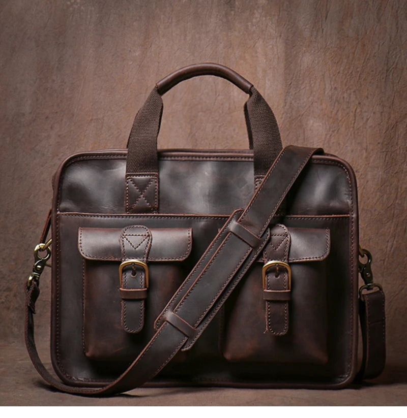 GURO Vintage Wild Handbag Male Genuine Leather Business Briefcase Original Cowhide Shoulder Messenger Bag A4 File 14″ Laptop Bag