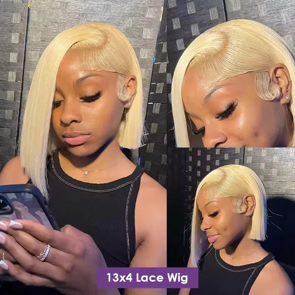 #613 Platinum Blonde Blunt Cut Bone Straight Bob Human Hair Wig 13x4 HD Swiss Transparent Lace Frontal Wig Bleached Knots Pre Plucked Natural Hairline Baby Hair
