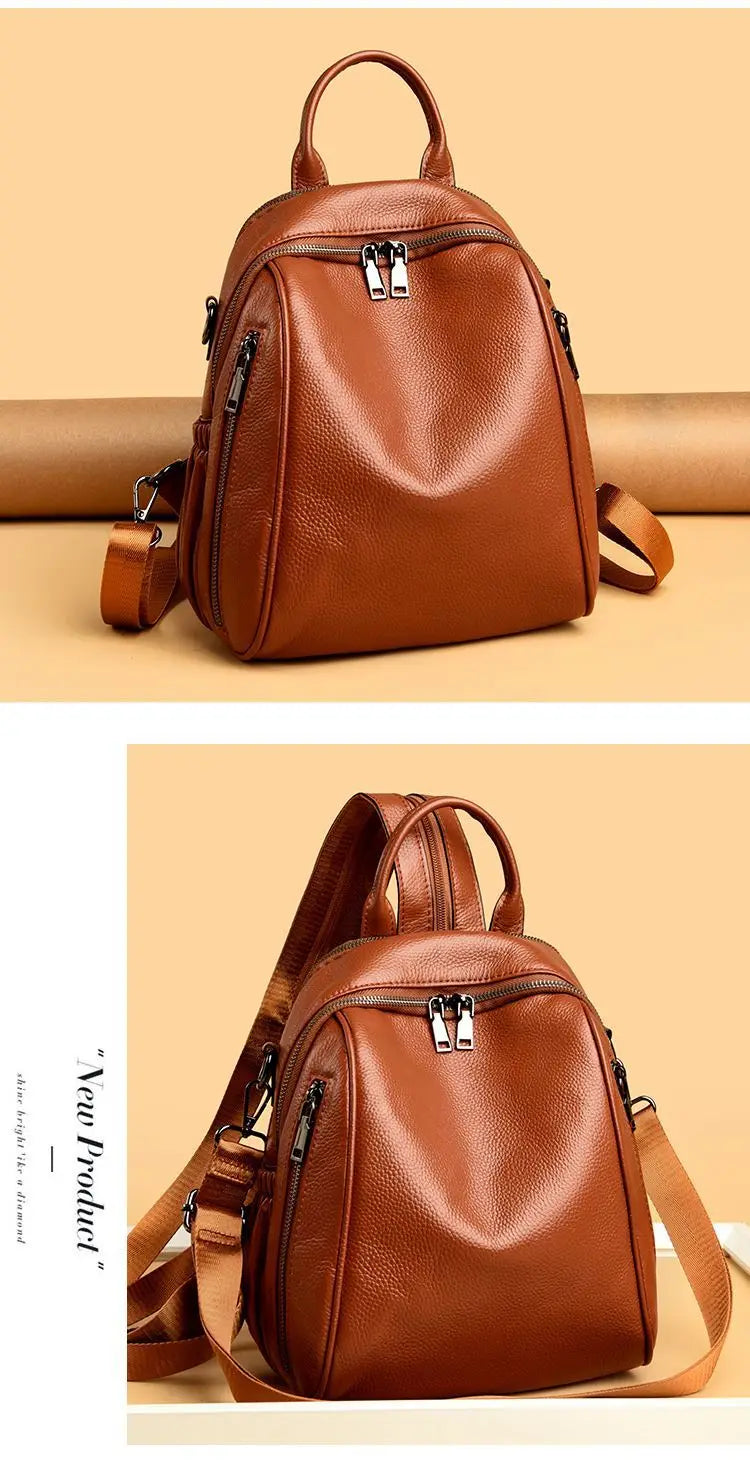 2026 New Fashionable Pure Color Leather Backpack Women's Cross-Border Travel Bag Durable Soft Cowhide Shoulder Bag for All Ages