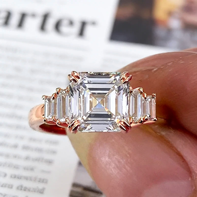 BXINY 4CT Asscher Cut All Moissanite Ring 100% S925 Silver Baguette Diamond Wedding Band for Women Gift Jewelry With Certificate