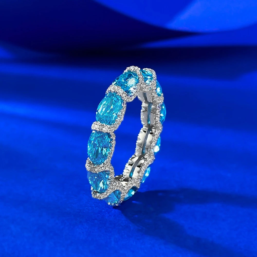 Wong Rain Luxury 925 Sterling Silver Oval Cut 4*6 MM Aquamarine High Carbon Diamond Gemstone Row Rings Fine Jewelry Wedding Band