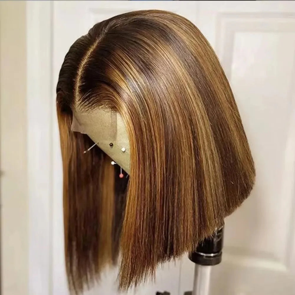 Highlight Ombre Straight Short Bob 4x4 Lace Closure Wigs 100% Human Hair Vietnamese 200 Density #4/27 Color 13x4 Lace Front Wig