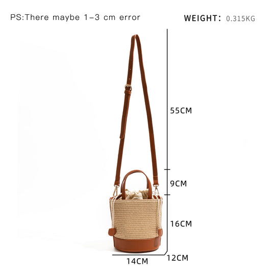 CKKUI Seaside Vacation French Bag Stylish Straw Woven With PU Leather Pouch Summer Large Capacity Handbag Crossbody Bucket Bag