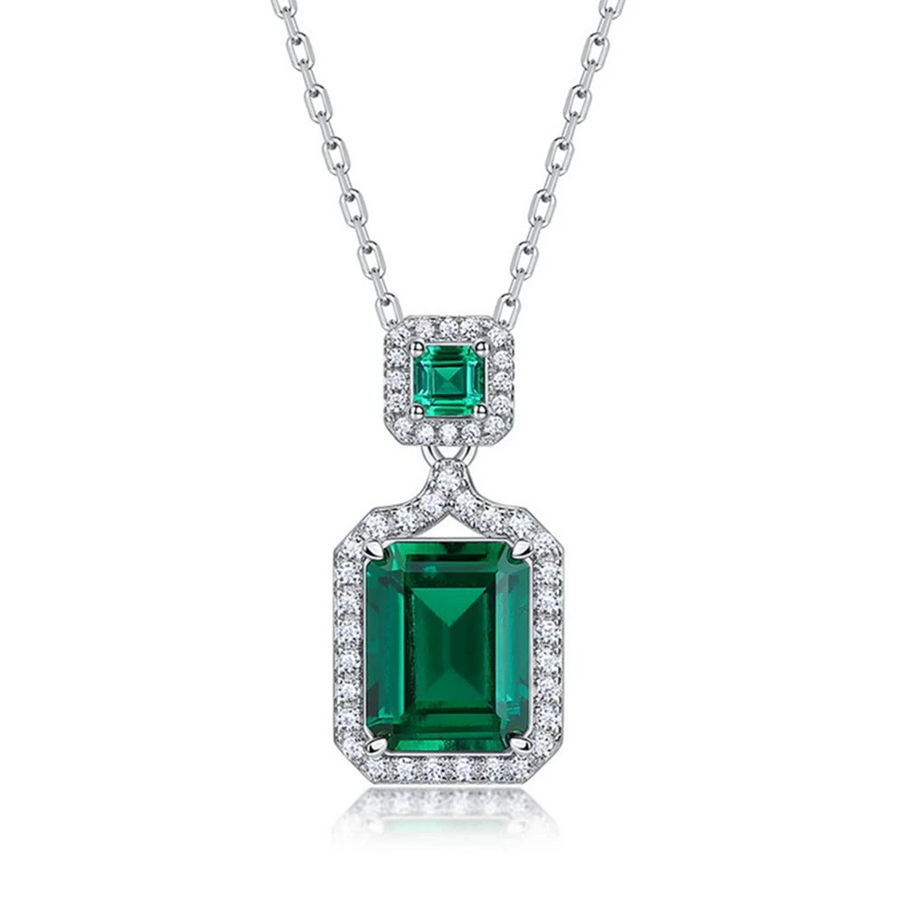 Wong Rain Vintage 925 Sterling Silver Emerald Cut  7*9 MM Emerald High Carbon Diamond Gemstone Pendant Necklace Fine Jewelry