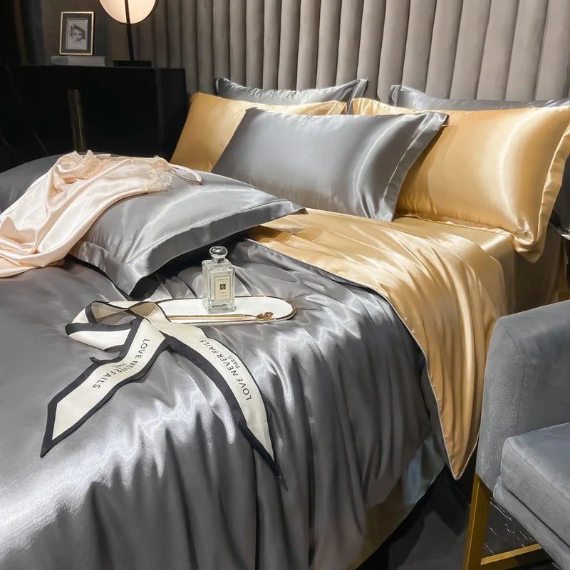 Real 100% Mulberry Silk Bedding Set with Duvet Cover Fitted/Flat Bed Sheet Pillowcase Solid Color 4pcs King Queen Twin Bed Sets
