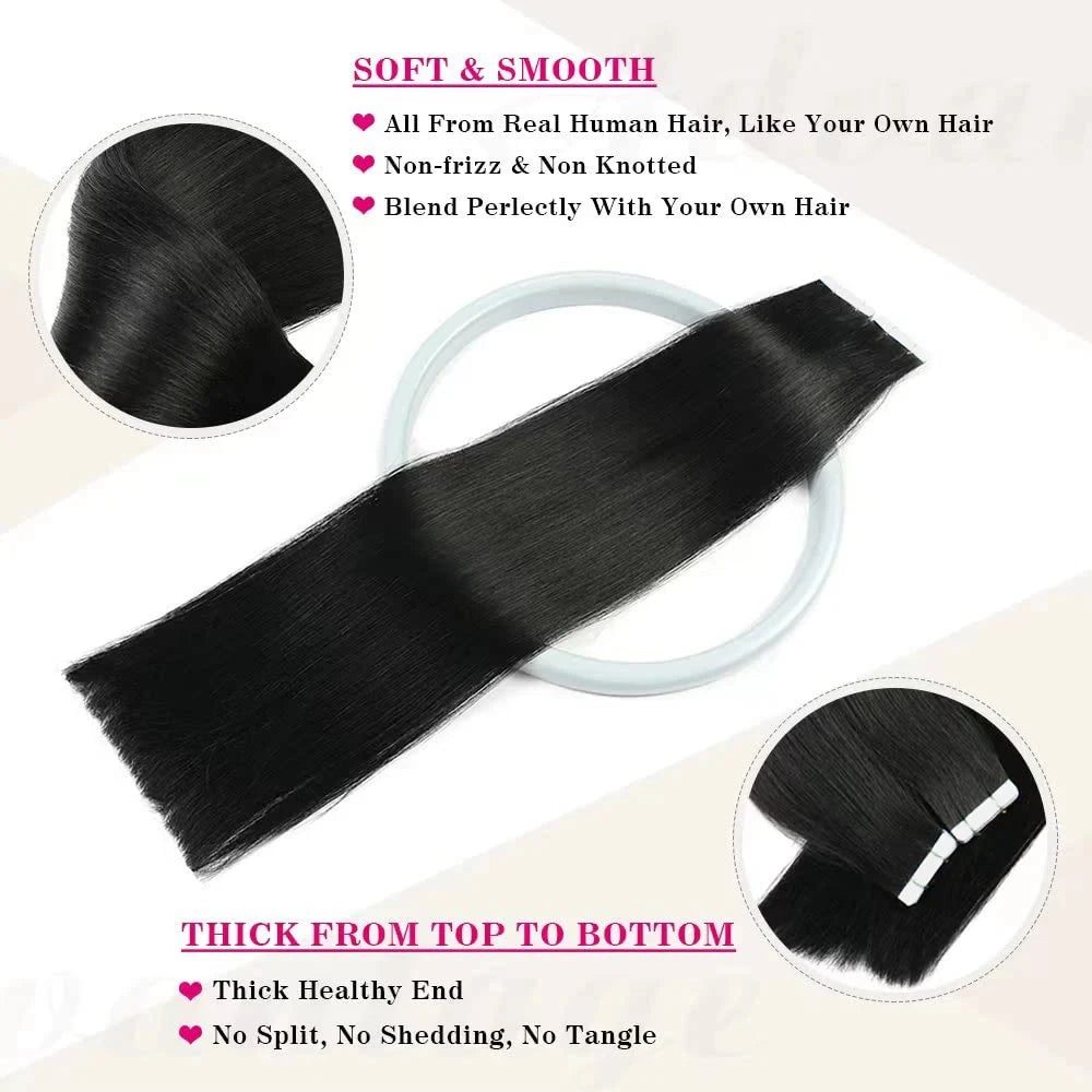 Tape In Hair Extensions Remy Human Hair 20pcs Straight Seamless Skin Weft Tape Hair Extensions Natural Black Hair For Women