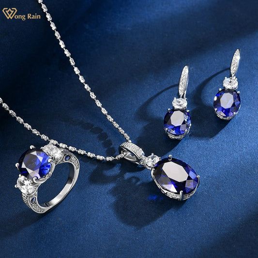 Wong Rain Classic 925 Sterling Silver Oval Cut Sapphire High Carbon Diamond Gems Pendant/Necklace/Earrings/Rings Jewelry Sets