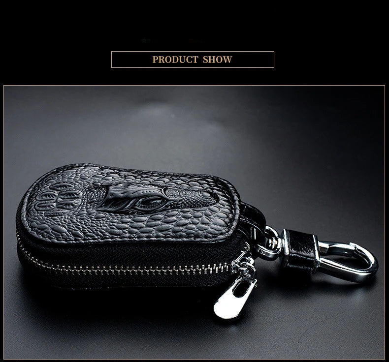 Cowhide Car Key Wallet Case Genuine Leather Crocodile Pattern Zipper Cover Mini Waist Trailer Key Bag Unisex with Metal Buckle