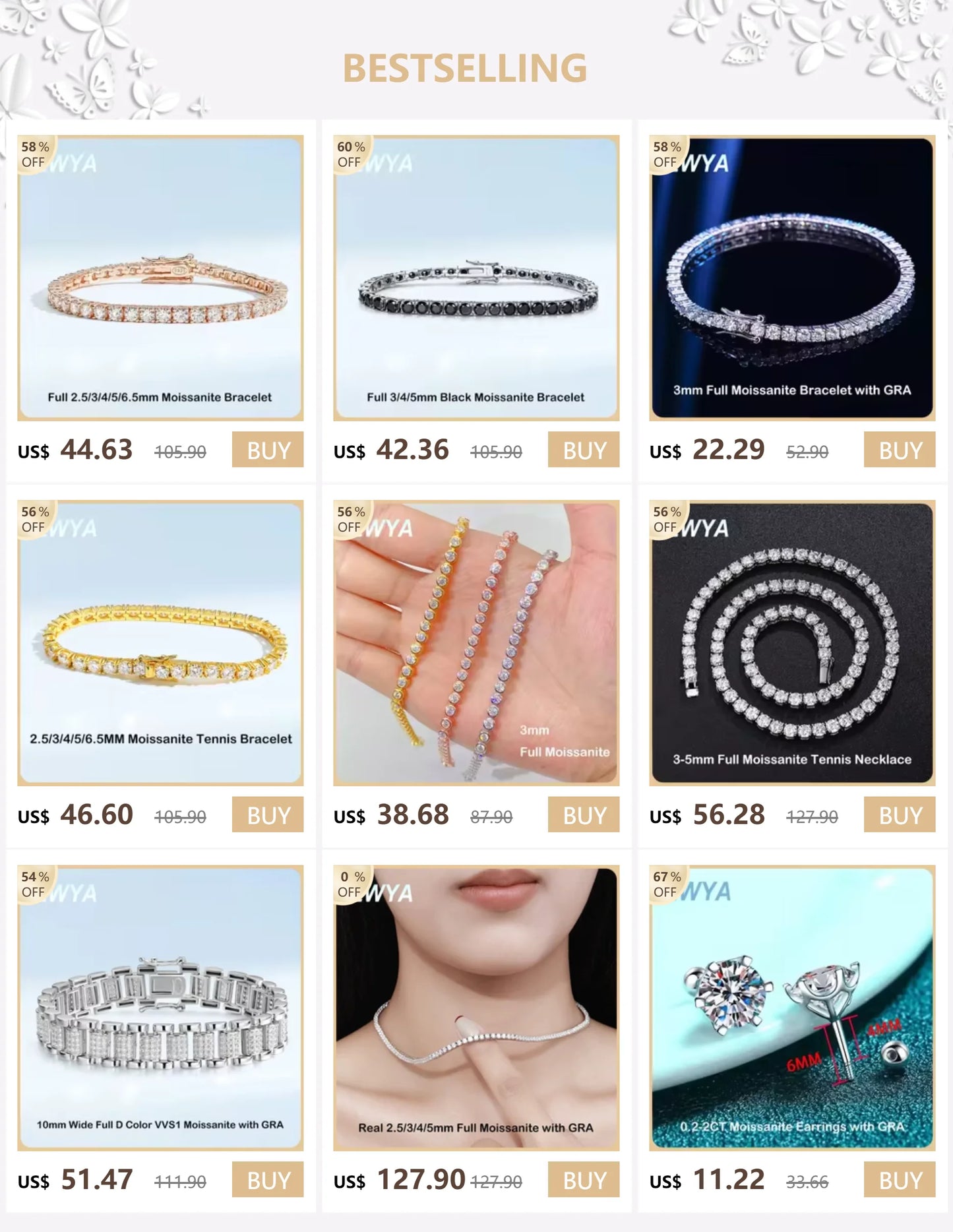 EWYA 3 Claw 0.4CT 4.5mm Gradient Full D Color Moissanite Diamond Tennis Necklace for Women 925 Silver GRA Certified Neck Chain