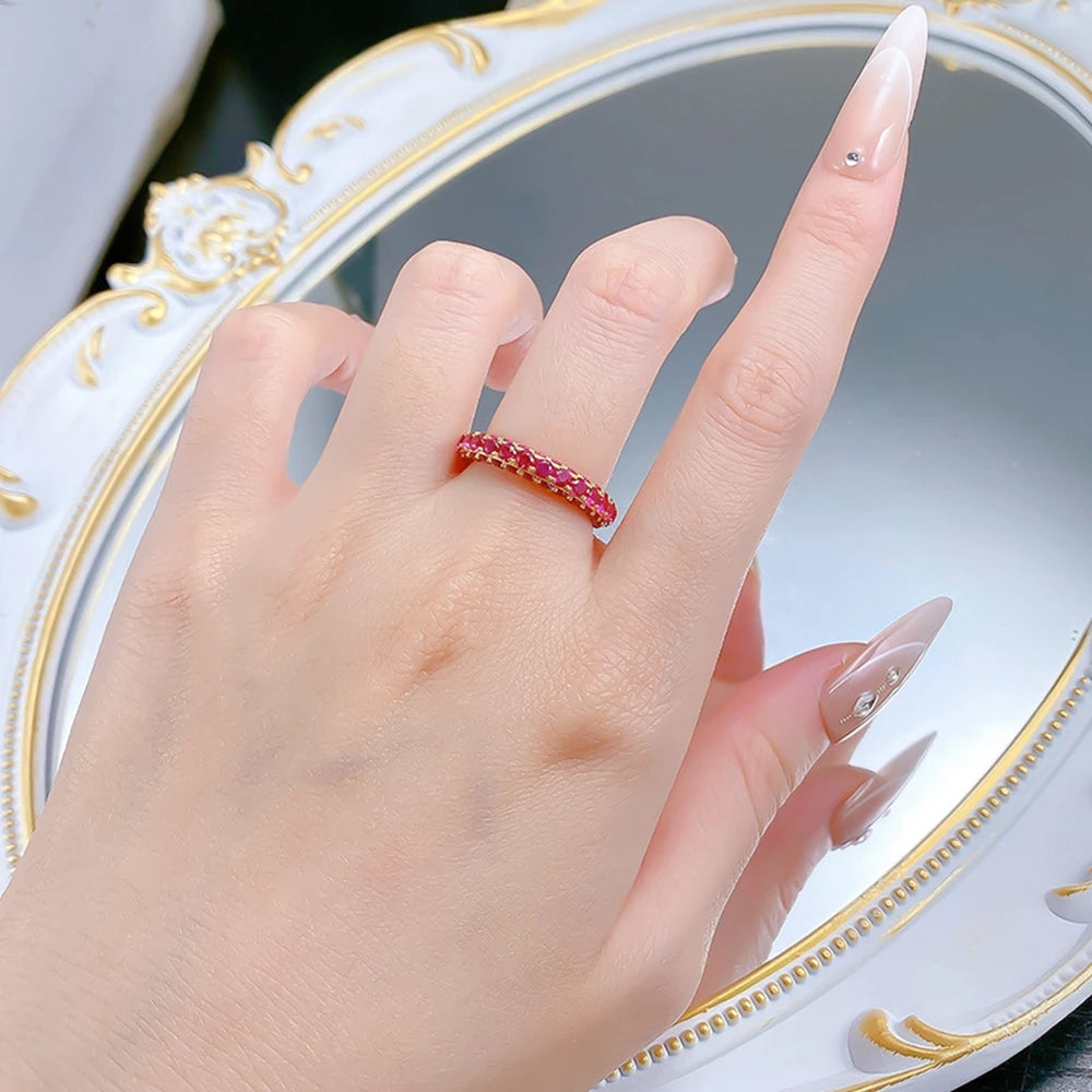 Wong Rain Vintage Solid 925 Sterling Silver Round Cut Ruby Gemstone Row Ring for Women Fine Jewelry Wedding Band Gifts Wholesale
