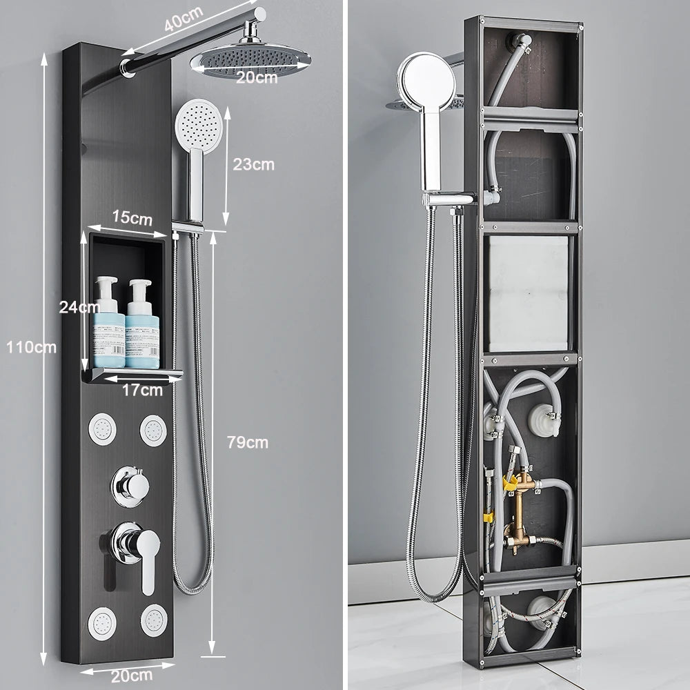 Brushed Nickel Shower Panel Column Rain&Waterfall Shower Head  Massage Jets Hot and Cold Mixer Tap Bathroom Shower Faucet