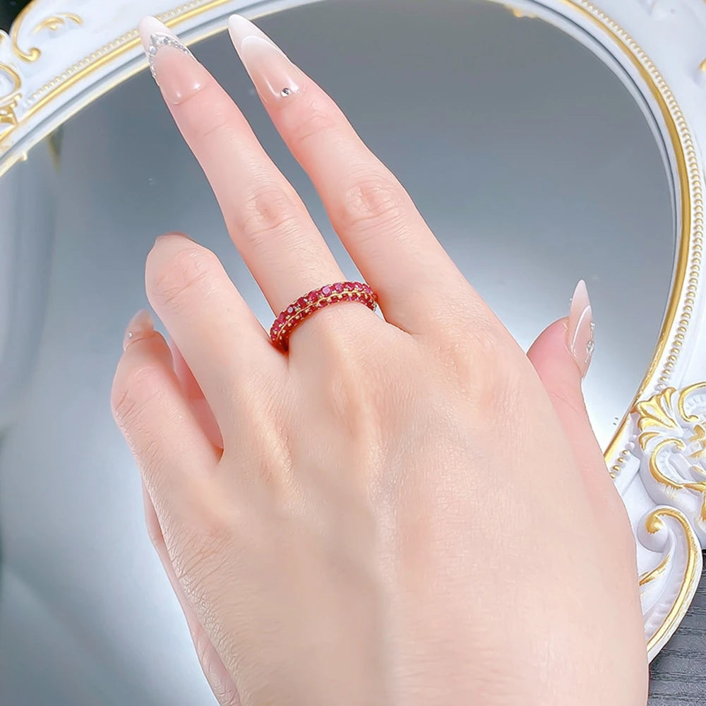 Wong Rain Vintage Solid 925 Sterling Silver Round Cut Ruby Gemstone Row Ring for Women Fine Jewelry Wedding Band Gifts Wholesale