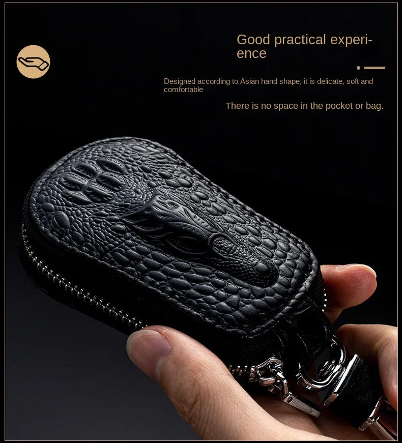 Cowhide Car Key Wallet Case Genuine Leather Crocodile Pattern Zipper Cover Mini Waist Trailer Key Bag Unisex with Metal Buckle