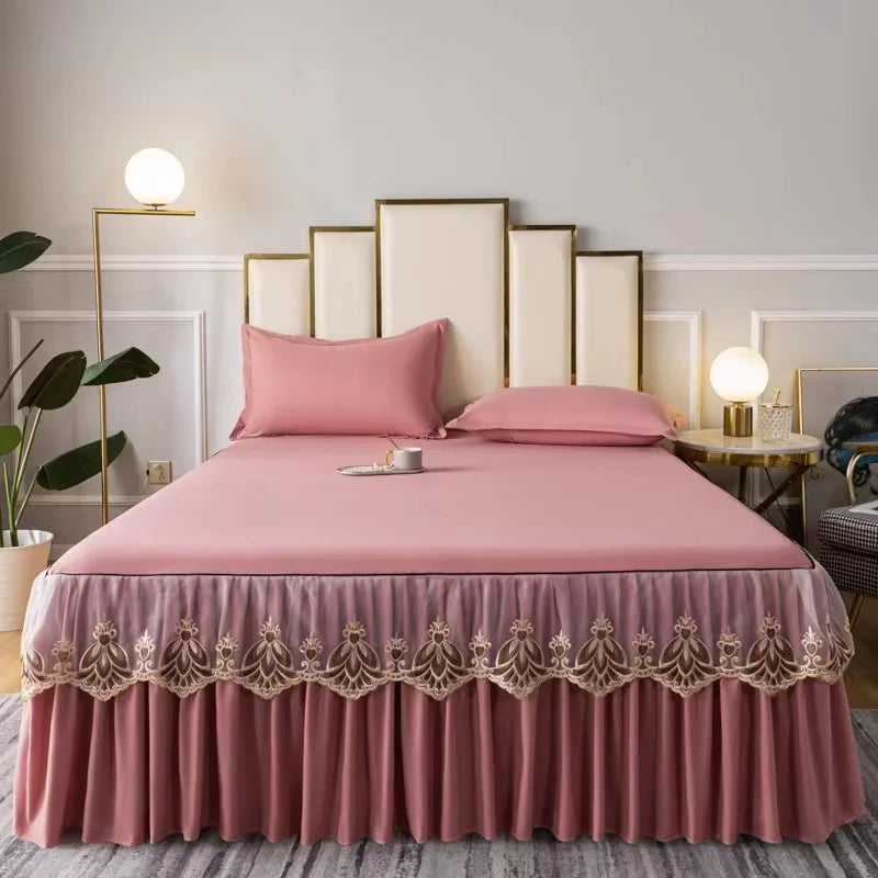3pcs Set Raw Cotton Soft Bedspread Bed Romance Dust Protector Cover Embroidery Lace Edge Bed Skirt with 2pcs Pillowcase