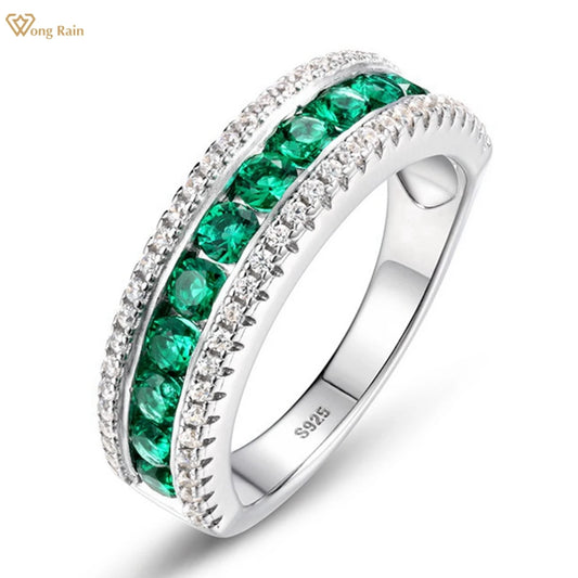 Wong Rain Vintage 925 Sterling Silver Round Cut 2.5 MM Emerald Gemstone Row Rings Fine Jewelry Wedding Band Anniversary Gifts