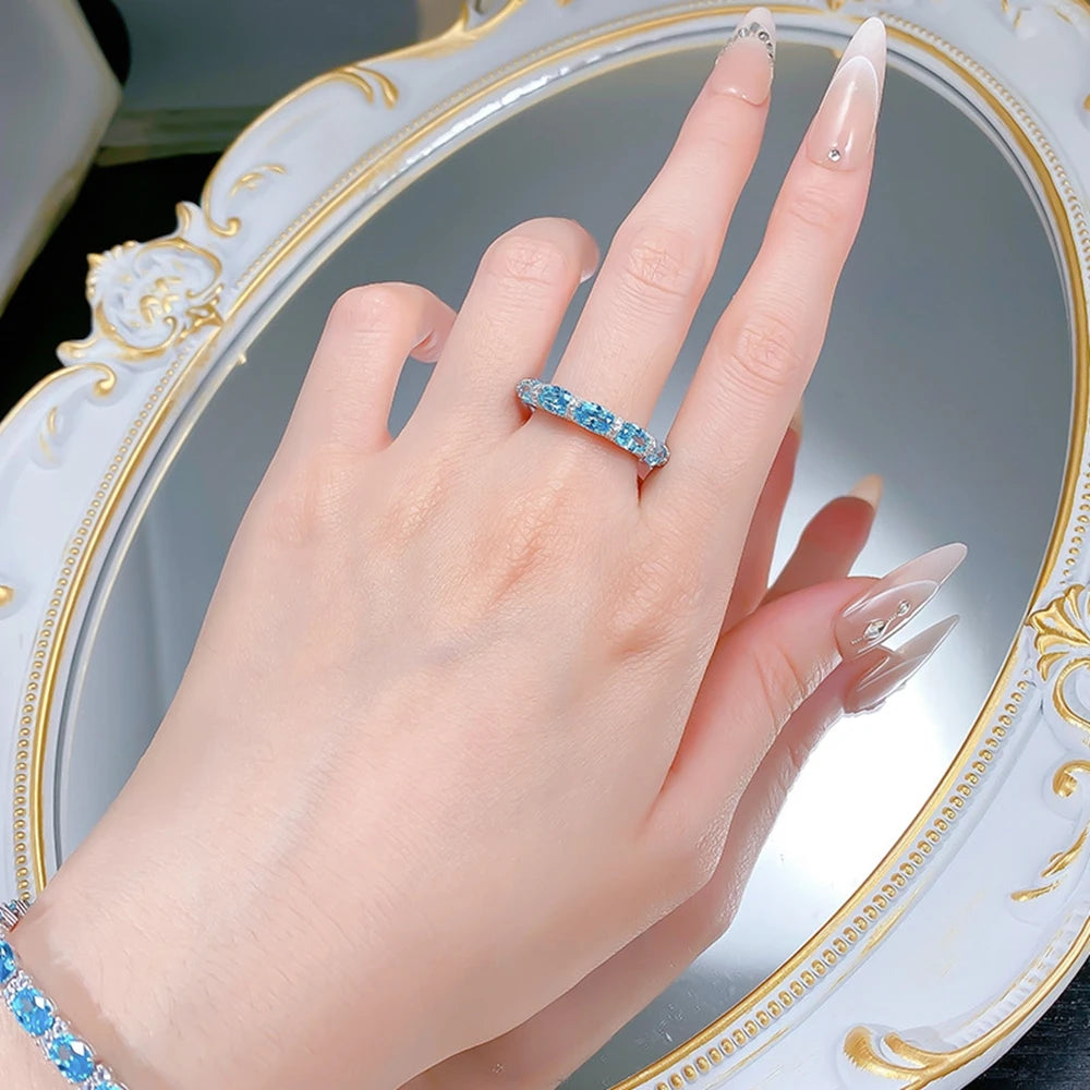 Wong Rain Luxury 925 Sterling Silver Oval Cut 4*6 MM Aquamarine High Carbon Diamond Gemstone Row Rings Fine Jewelry Wedding Band