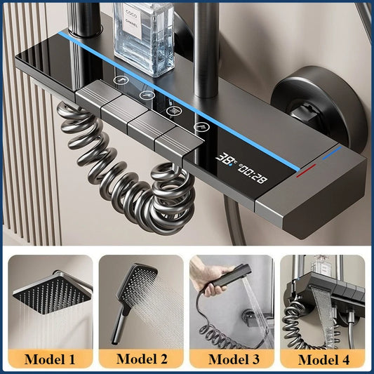 Bathroom Piano Key 4 Ways Water Outlet Luxury Shower Set LED Light Smart Temperature Display Rainlfall Shower Faucet System