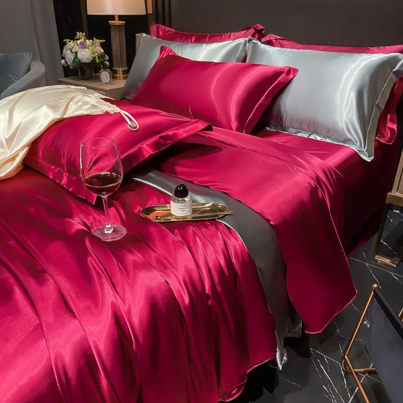 Real 100% Mulberry Silk Bedding Set with Duvet Cover Fitted/Flat Bed Sheet Pillowcase Solid Color 4pcs King Queen Twin Bed Sets