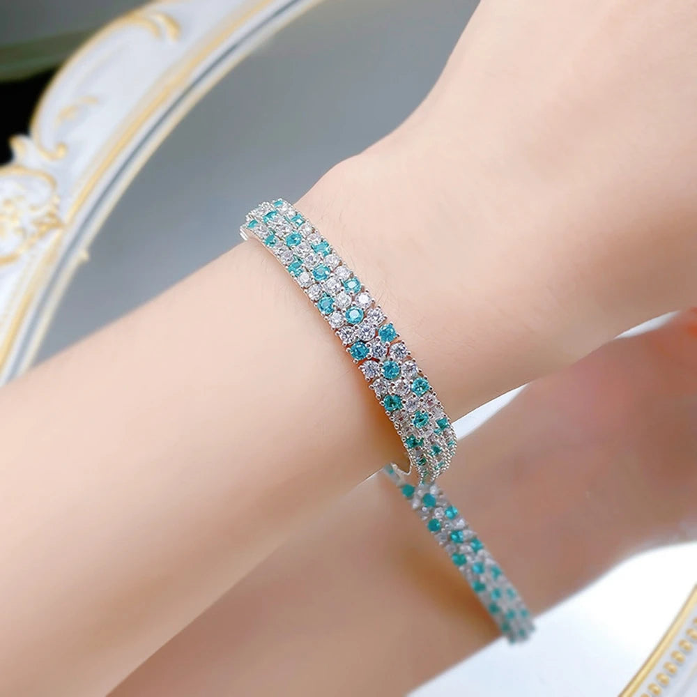 Wong Rain Luxury 925 Sterling Silver Paraiba Tourmaline High Carbon Diamond Gems Women Bracelets Bangle Fine Jewelry 15-18 CM