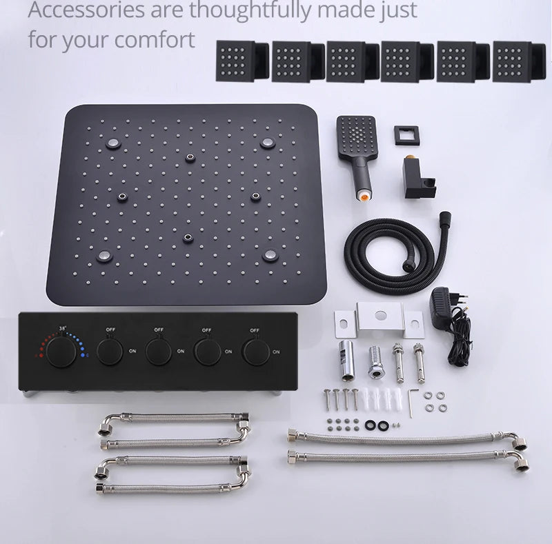Bathroom 20inch 50x50cm Shower Head Panel Faucet Rain Mist Laterfal Jets Thermostatic Valve Mixer System SPA Massage Set