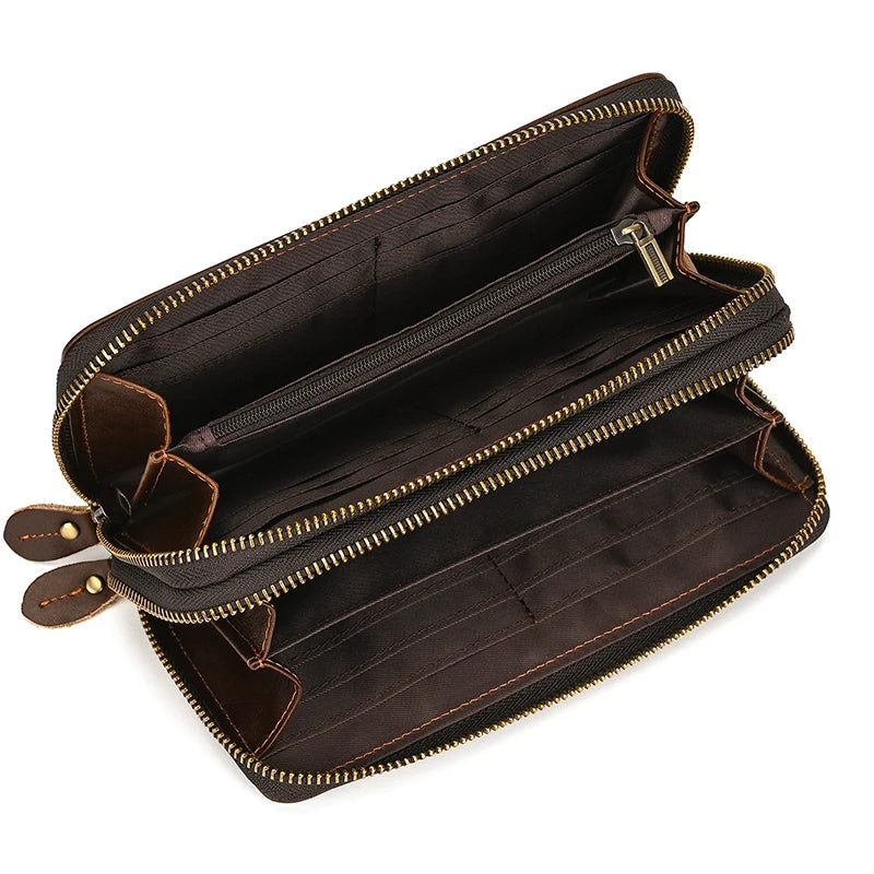 Men's crazy horse Leather long wallet Zip around genuine leather wallet Phone case purse with coin pocket 4 interlayer pocket