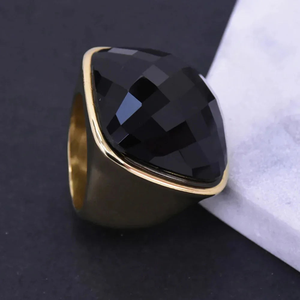 Niche Exaggerated Modern Large Gemstone Women's Ring Titanium Steel Plated 18k Gold Jewelry