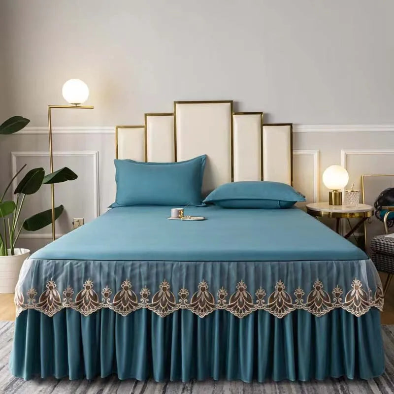 3pcs Set Raw Cotton Soft Bedspread Bed Romance Dust Protector Cover Embroidery Lace Edge Bed Skirt with 2pcs Pillowcase