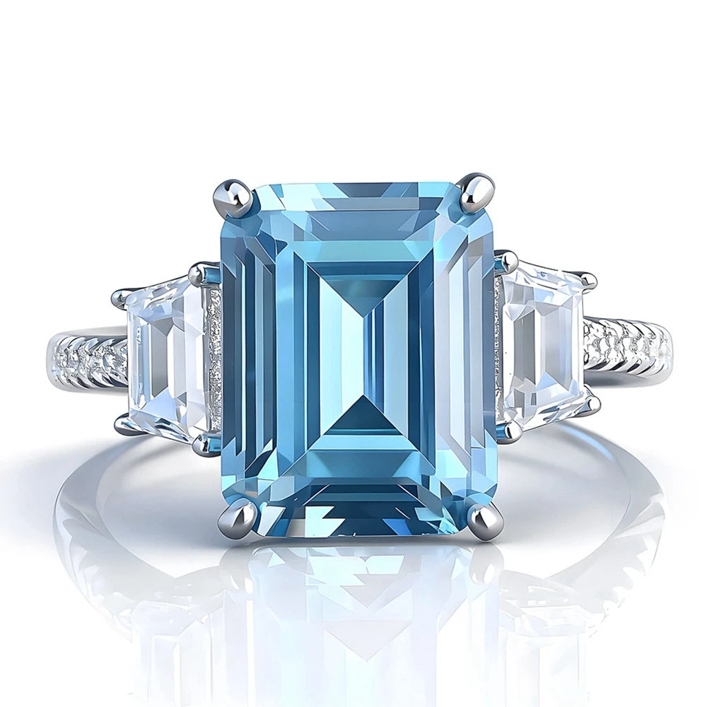 Wong Rain 925 Sterling Silver Emerald Cut 8*10 MM Aquamarine Citrine High Carbon Diamond Wedding Engagement Rings Fine Jewelry