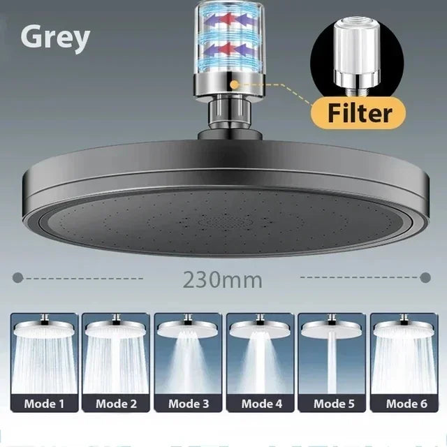 New 6 Modes Big Panel Large Flow Supercharge Rainfall Shower Head High Pressure Top Rain Shower Faucet Bathroom Accessories