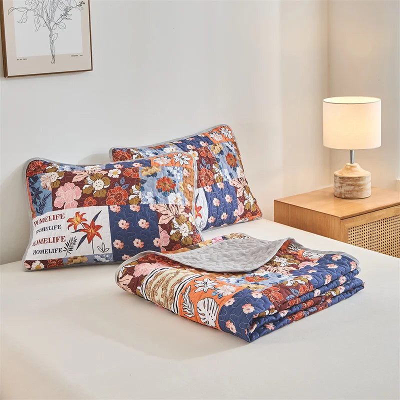 New Quilted Bedspread Set,Soft Microfiber,Thick Bed Cover+Pillowcase,European Flower Patchwork Mattress Topper Bed Sheets King