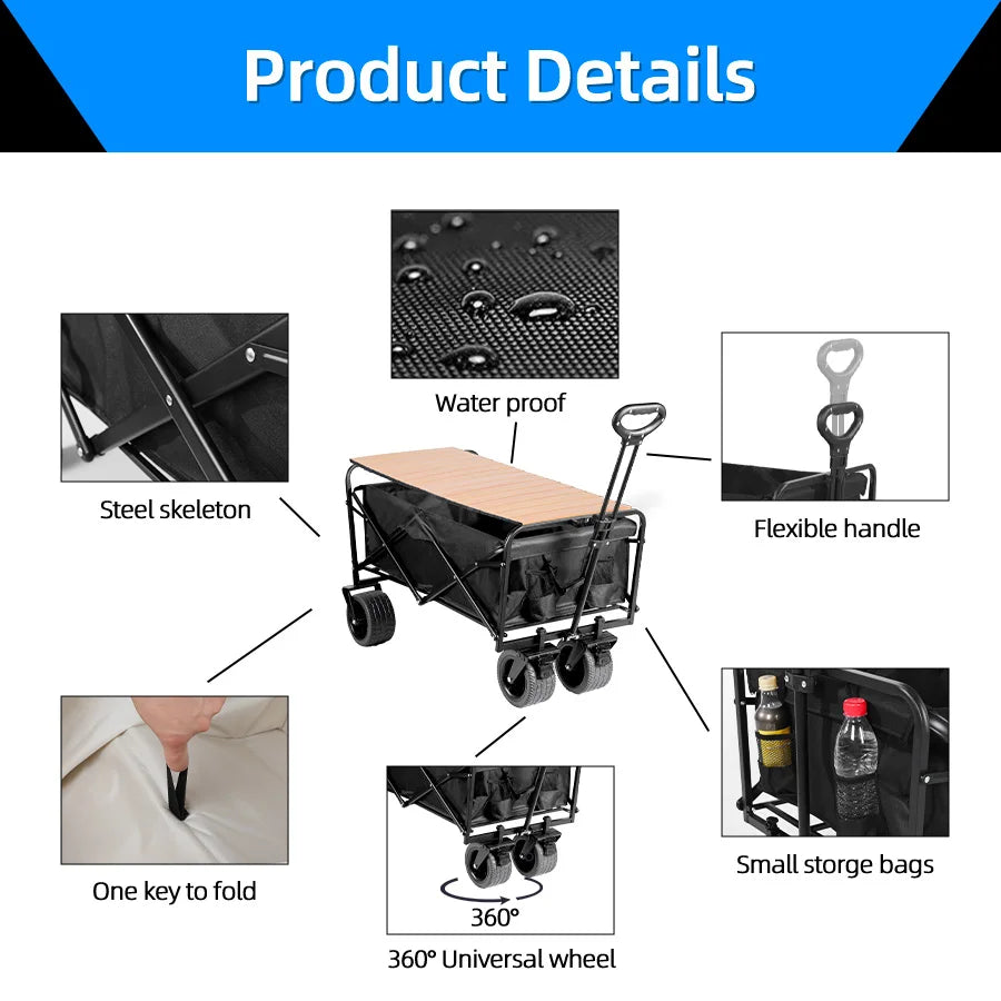 Big Tank Wheels Beach Wagon for Sand 500lbs Large Capacity Foldable Cart Garden Outdoor Picnic Collapse Shopping Trolleys Cart