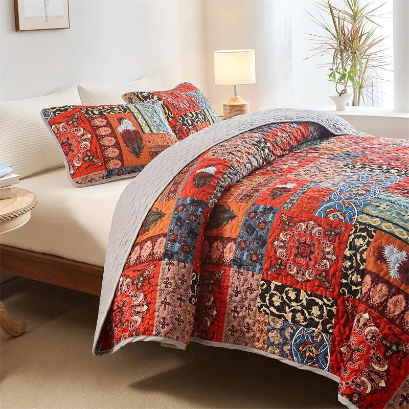 New Quilted Bedspread Set,Soft Microfiber,Thick Bed Cover+Pillowcase,European Flower Patchwork Mattress Topper Bed Sheets King