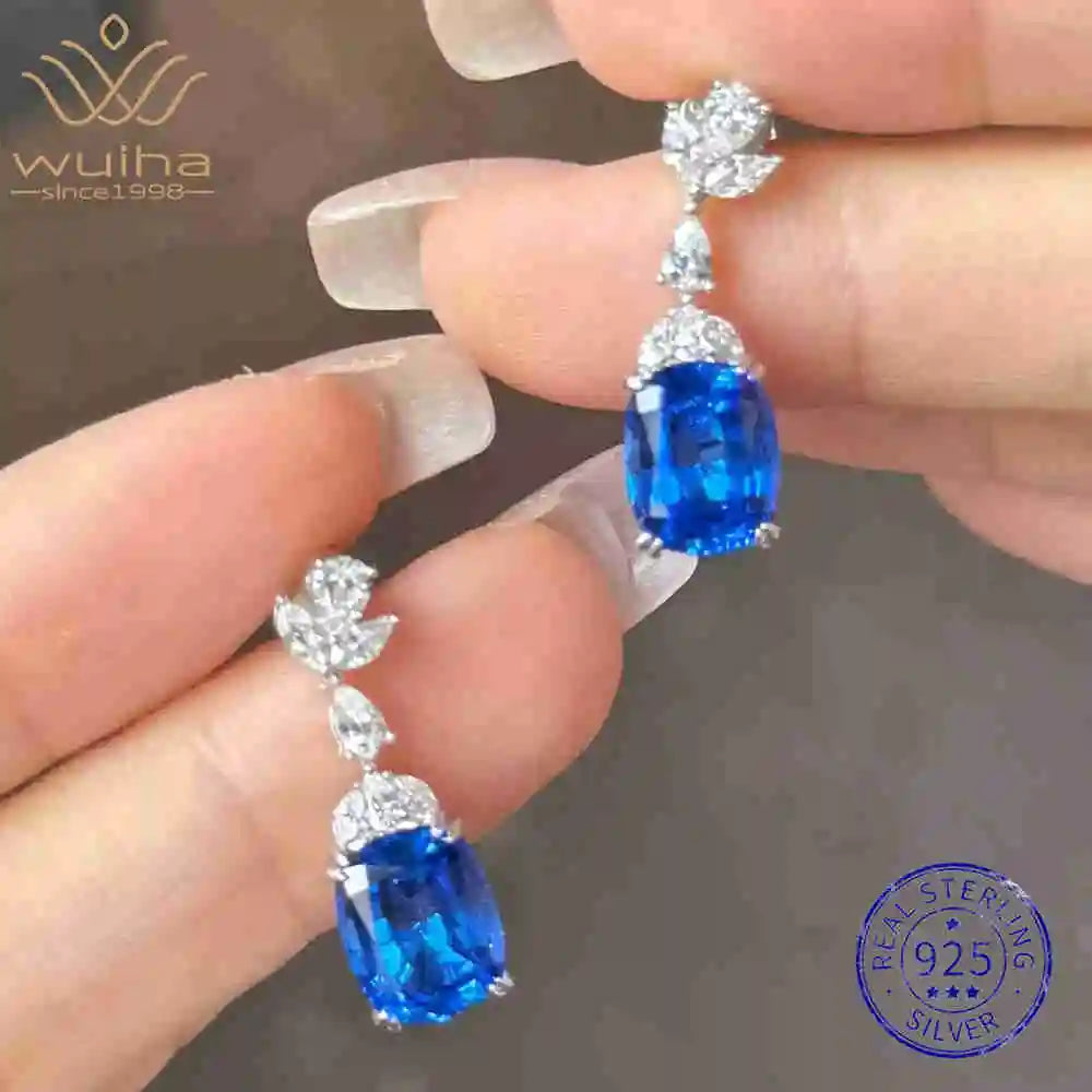 WUIHA Vintage 925 Sterling Silver 8 * 10 MM 4 CT Cushion Cut Lab Sapphire High Carbon Diamonds Drop Dangle Earrings Fine Jewelry