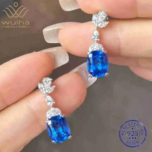 WUIHA Vintage 925 Sterling Silver 8 * 10 MM 4 CT Cushion Cut Lab Sapphire High Carbon Diamonds Drop Dangle Earrings Fine Jewelry