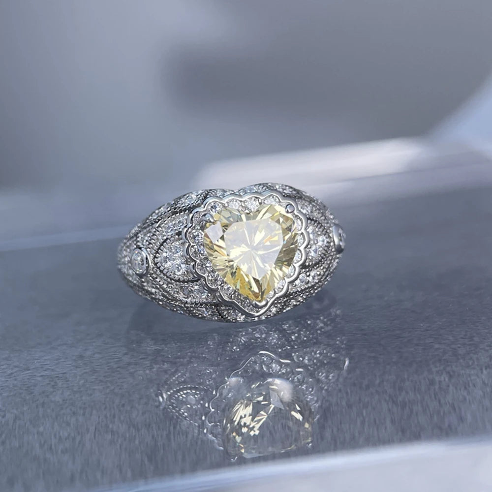 Wong Rain 925 Sterling Silver Heart Cut 8 MM Citrine Sapphire High Carbon Diamond Ring for Women Fine Jewelry Anniversary Gifts