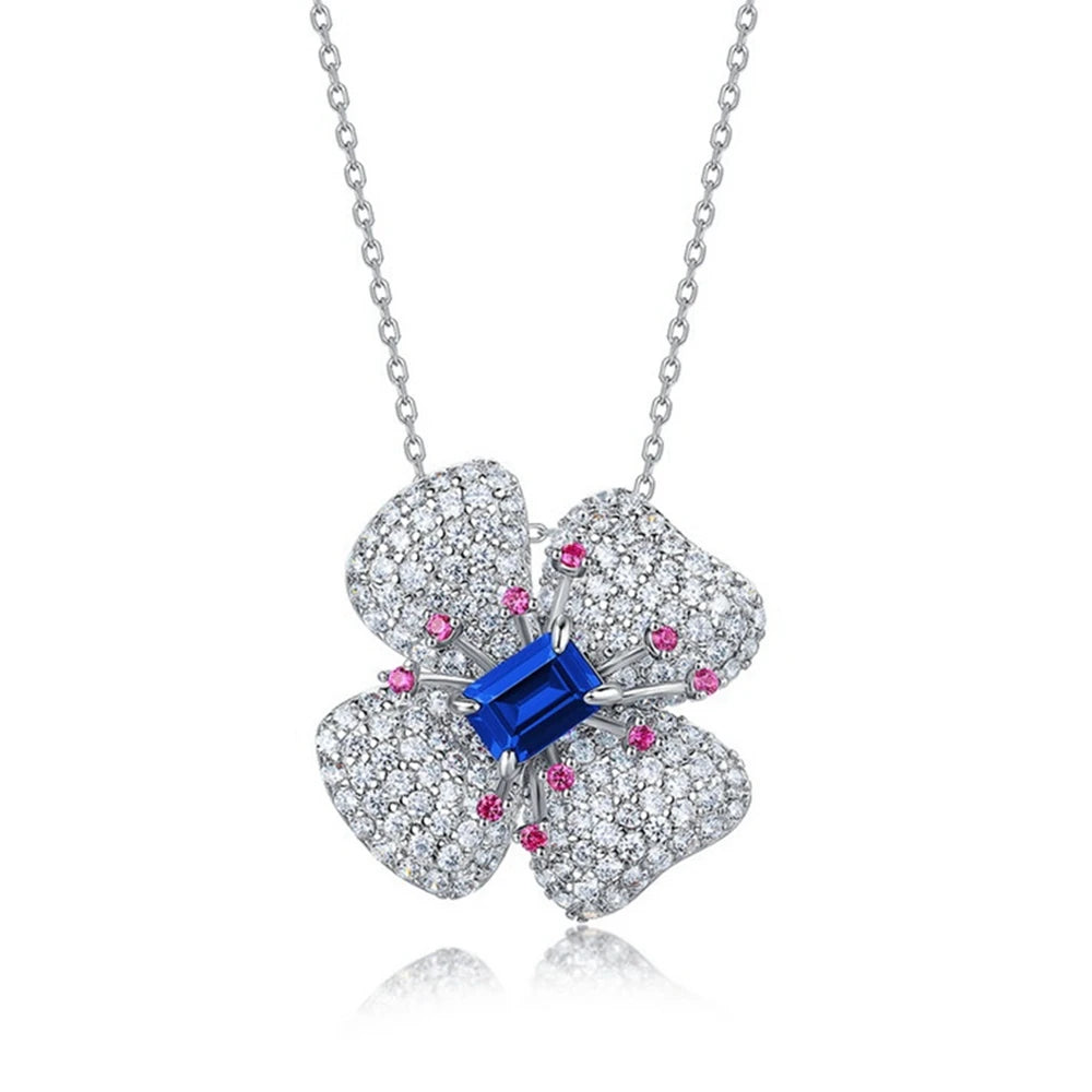 Wong Rain 925 Sterling Silver Emerald Cut 5*7 MM Emerald Sapphire Ruby High Carbon Diamond Flower Pendant Necklace Fine Jewelry