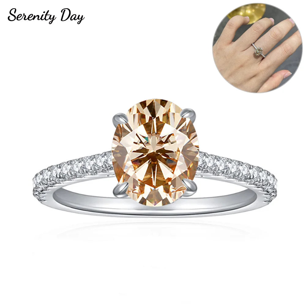 Serenity 2ct Oval Cut Champagne Moissanite Rings for Women Men 100% S925 Sterling Silver Plated 18K Lab Diamond Eternity Rings