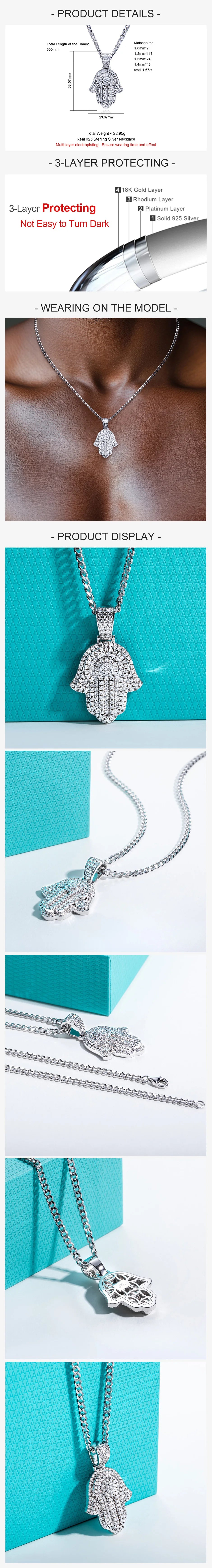 AnuJewel Moissanite Palm Pendant Layered Hip Hop Necklace 925 Sterling Silver New Age Key chain 60cm Heavy Metal Dope Jewelry