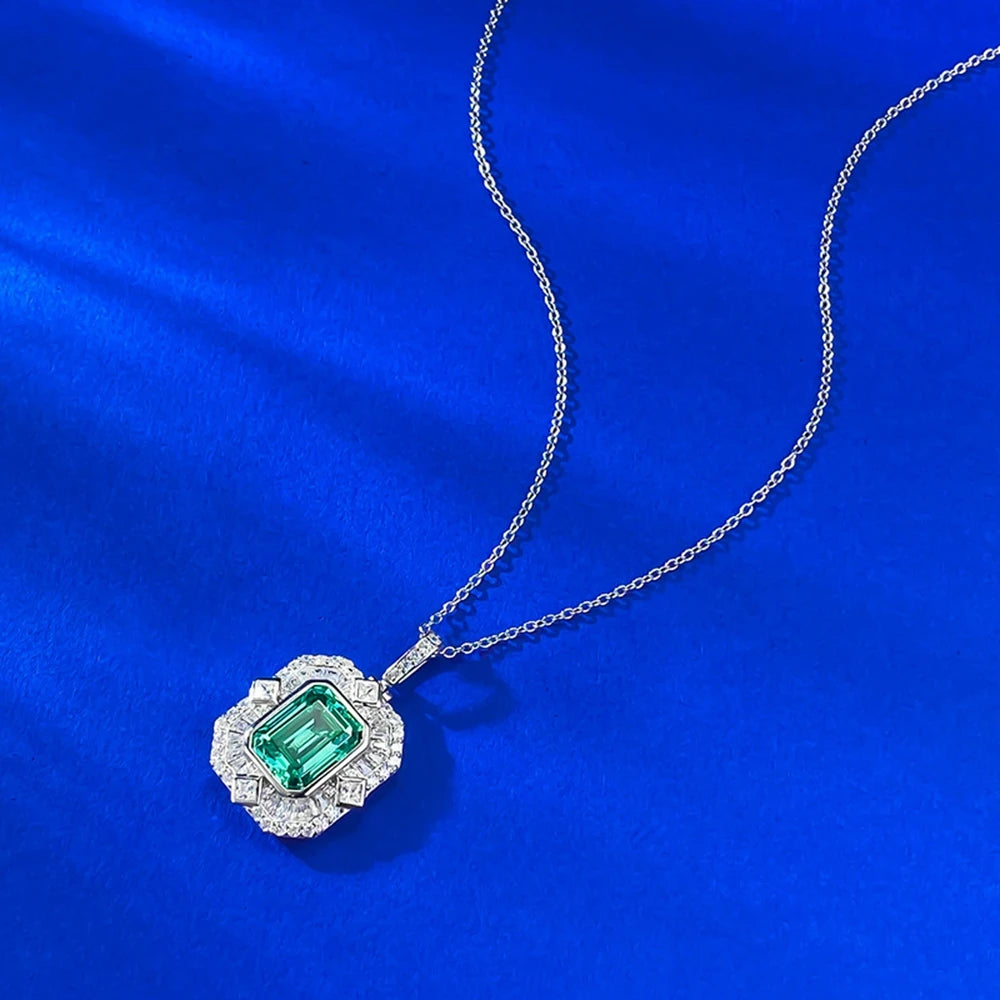 Wong Rain Vintage 925 Sterling Silver Asscher Cut 8*10 MM Paraiba Tourmaline High Carbon Diamonds Pendant Necklace Fine Jewelry