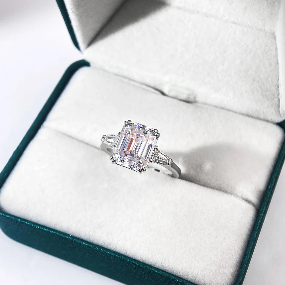 1-4 Carat Emerald Cut Moissanite Rings for Women D VVS1 Three Stone Diamond Engagement Ring Side Baguettes 925 Silver Jewelry