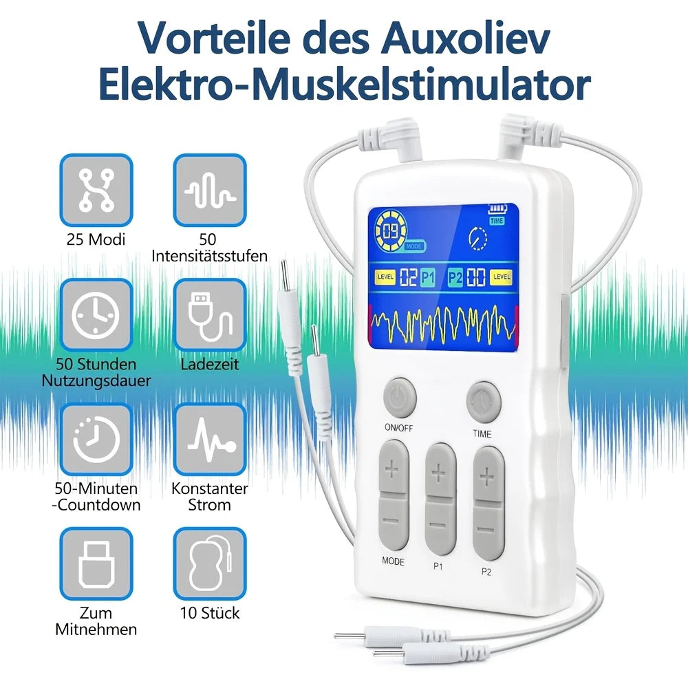 Dual Channel TENS EMS Low Frequency Therapy Machine Rechargeable Multi Modes Adjustable Strength Timing Control with Reusable Pads Portable Body Muscle Pain Relief Massager